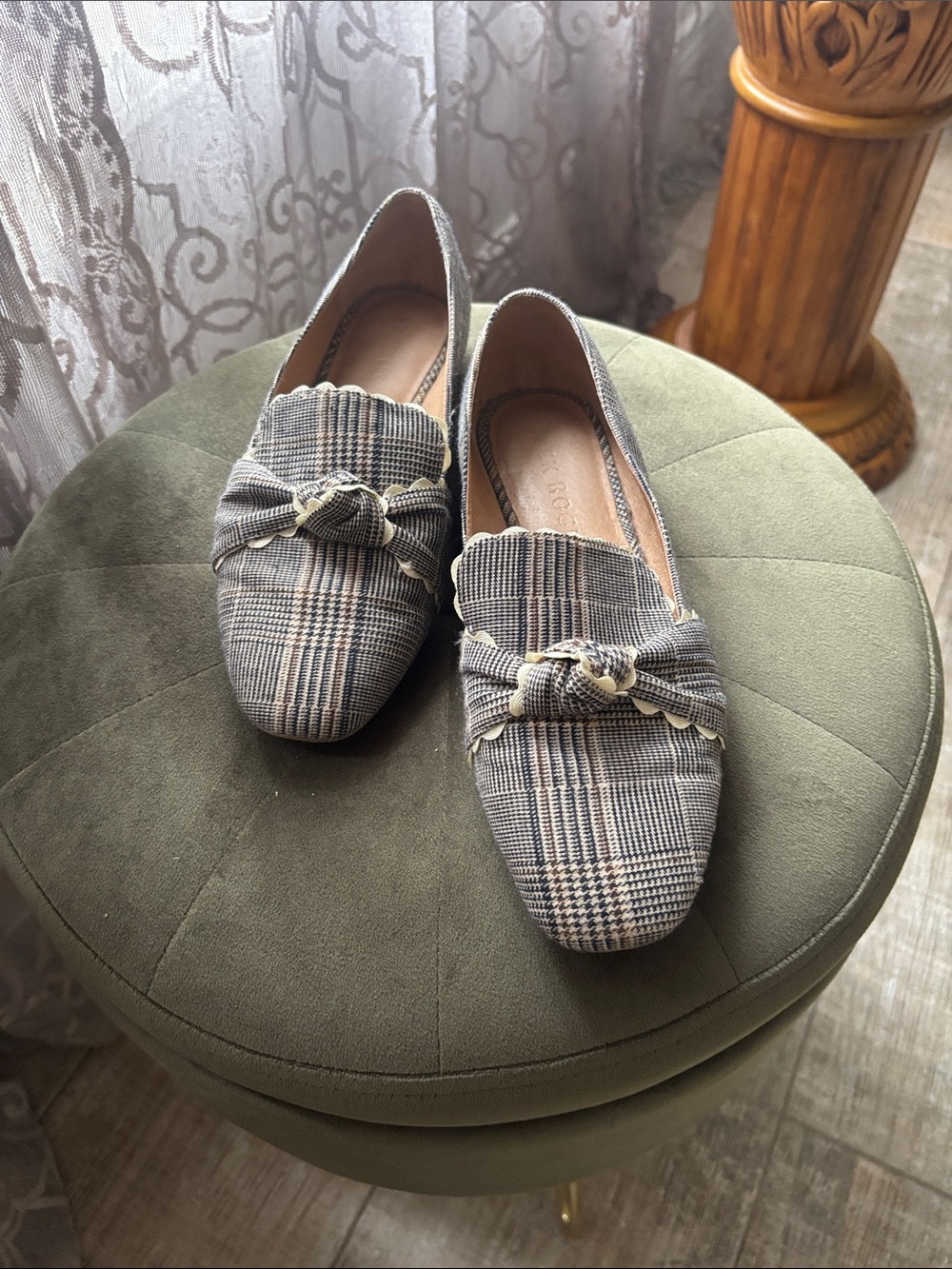 Jack Rogers Plaid Knot-Trim Loafers in Gray and Tan